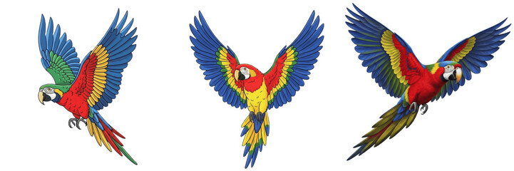 Fototapeta premium Colorful Scarlet Macaw Parrot Flying with Wings Spread Wide Isolated on White Background Tropical Exotic Bird Wildlife Animal Clip Ar