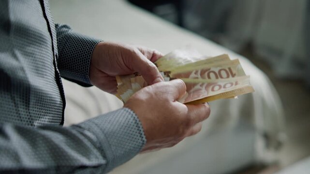 Hands skillfully sort and count crisp Canadian dollars within a warm and inviting space. The focused activity highlights financial precision and care