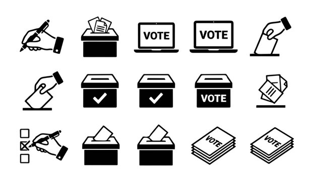 Voting Icon Grid Featuring Ballot Boxes Election Forms Checkmarks Human Hands Diplomas Scales And Democratic Governance Vector Templates