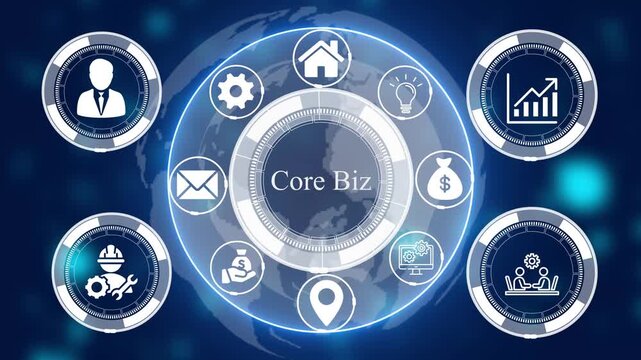 Digital interface with core biz text surrounded by circular business and a glowing globe background in shades of blue and white light