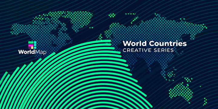 World map vector illustration with curved lines and dotted continents