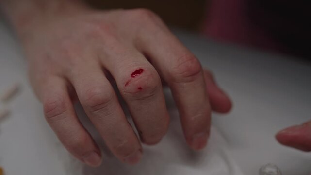 Close-up view of person hand with fresh, bleeding cut on knuckle. Concept of injury, pain, need for first aid. Cropped shot of injured hand with fresh bleeding cut on finger knuckle.
