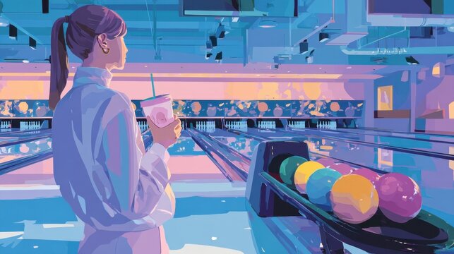Young woman holding a drink at a retro pastel bowling alley for leisure and social event poster design background
