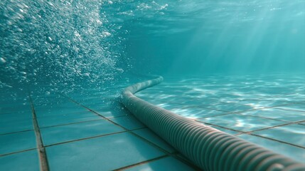 Fototapeta premium Underwater pool vacuum hose cleaning tiled swimming pool floor with bubbles and blue water