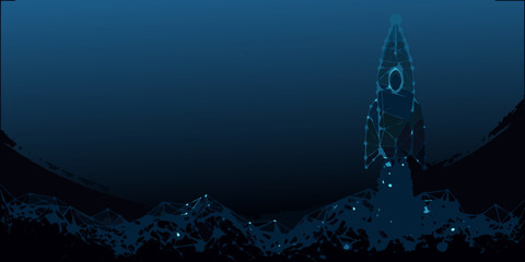 Rocket Ship Silhouette With Plexus Network Dark Blue Background © Sanjoy