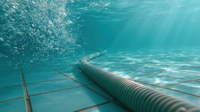 Underwater pool vacuum hose cleaning tiled swimming pool floor with bubbles and blue water