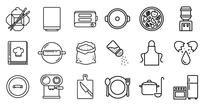 Set of kitchen appliances and culinary preparation icons with appliances culinary utensils preparation equipment cookbook ingredients cookware