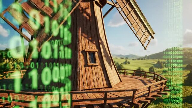 Wooden windmill overlooking green fields and digital binary code representing technology and data