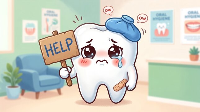 Cartoon tooth crying in pain holding help sign with ice pack