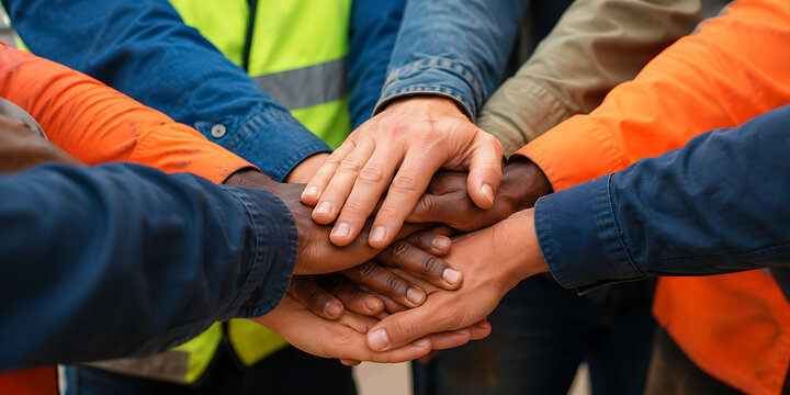 Group of male and female factory workers standing putting their hands together in industry factory. Factory workers stack of hands in factory. Unity and teamwork concept