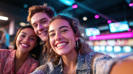 Naklejka premium Group of young friends taking a neon arcade selfie with smiling faces, lifestyle concept for design, poster, background