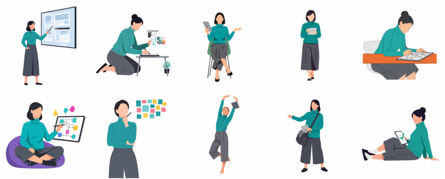 Collection of professional woman character illustrations for business, creative workflow, and technology concepts