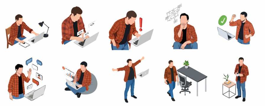 Isometric Vector Illustration Set of Male Software Developer Character in Various Coding and Work Scenarios