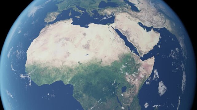 The Sahara Desert, Africa, Sudan, Egypt, Libya from space slow zoom into Earth orbiting.