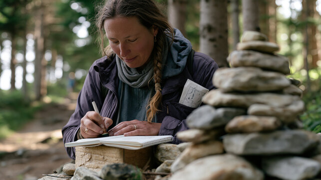 Trail volunteer stamps a letterboxing logbook with a hand-carved rubber stamp at a woodland waypoint, carved wooden box re-concealed beneath a stone cairn, a hand-drawn clue map