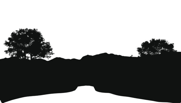 Road winding through a hilly landscape with surrounding trees provides a striking black silhouette graphic that offers a clear focal point for designs emphasizing travel and outdoor exploration.