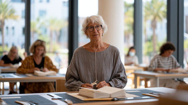 Bookbinding instructor guides a class of adult learners in a community library meeting room, each station holding a Coptic-stitch folio in progress, linen thread looped through
