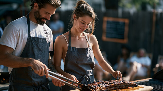 Weekend pitmaster couple adjusts a brisket flat with long tongs at a backyard competition setup on a July Fourth afternoon with a hand-painted scoring bracket taped to a fence and