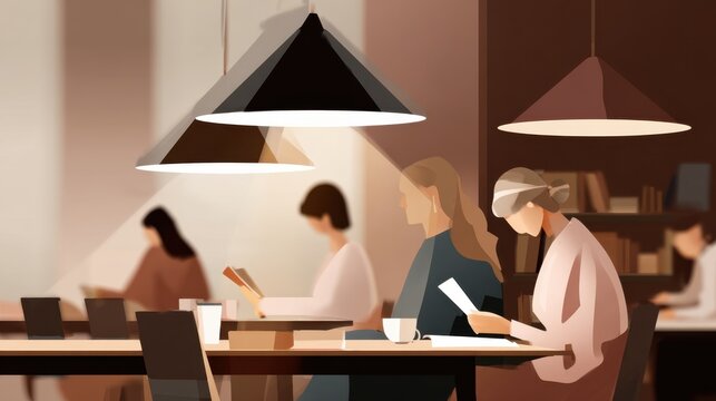 Cozy cafe interior with people reading under pendant lights and coffee cups for coworking study and relaxed workspace background and minimal design