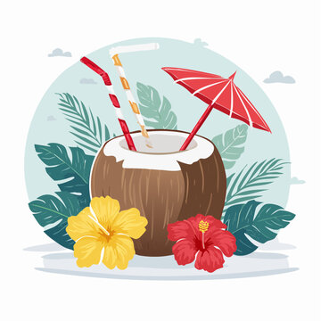 Tropical coconut drink with flowers and umbrella