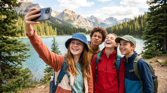 Smiling teenage friends take a selfie on a sunny lakeside hike with backpacks and bucket hats. Joyful group outdoor adventure, summer travel, and carefree youth exploration.