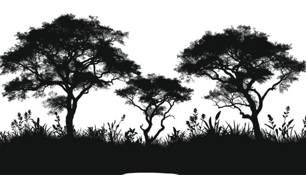 Trees standing in a row create a dark silhouette against a bright white background to provide a natural landscape design element for various artistic projects that require a clean and simple.