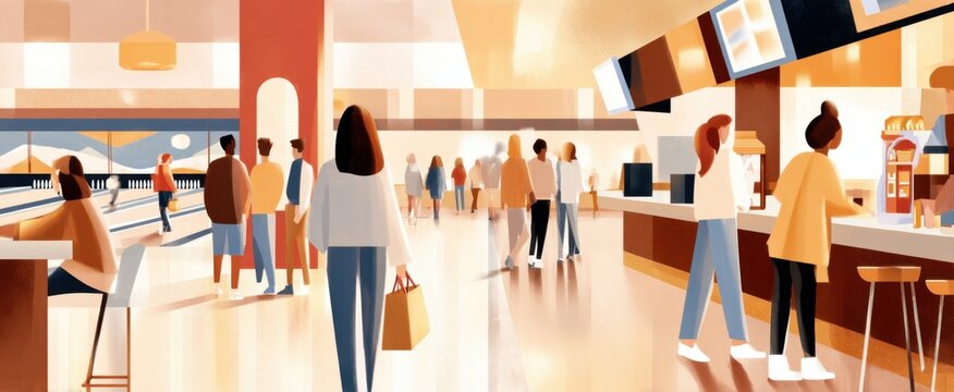 Bowling alley interior scene with people at counter in pastel minimalism design for leisure poster background and venue design