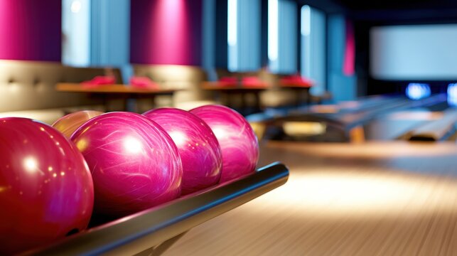 Pink bowling balls on rack in modern bowling alley with blurred lanes and vibrant neon lighting for leisure, sport backgrounds and poster design