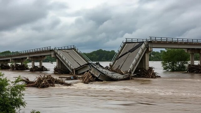 Collapsed bridge over a flooded river with debris and stormy skies