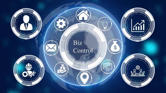 Digital interface with a central biz control text surrounded by circular representing global business management and technology connectivity