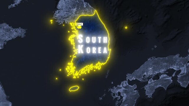 Korea map zoom animation with North and South Demilitarized Zone and capital cities reveal