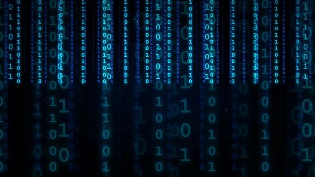 Abstract Digital Binary Code Stream Flowing Vertically on Dark Blue Background for Technology Concept