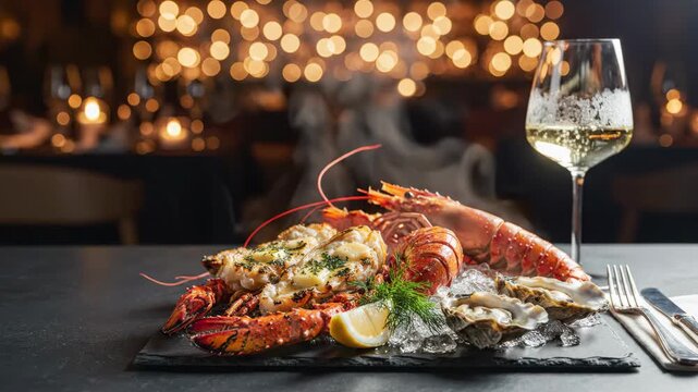 gourmet seafood platter with grilled lobster tails, fresh oysters on ice and white wine glass. fine dining restaurant meal with bokeh lights. culinary arts, luxury dinner, hospitality, food blog.