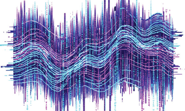 Abstract digital data wave with vertical glitch lines and glowing blue purple light streams vector illustration