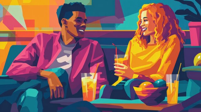 Couple enjoying drinks in vibrant colorful pop art style for lifestyle poster, banner and social media background design and advertising
