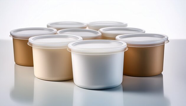 several empty clean plastic yogurt pots on a white background sustainable pot