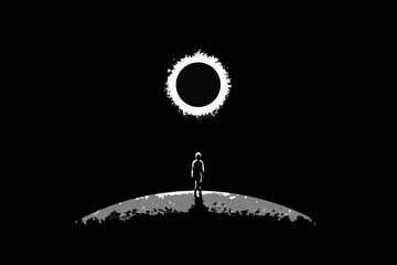 Astronaut Silhouette Gazing At Solar Eclipse Monochrome Illustration © Sourav