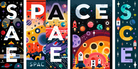 Space Exploration Posters Colorful Vector Illustrations With Planets And Rockets © Sourav