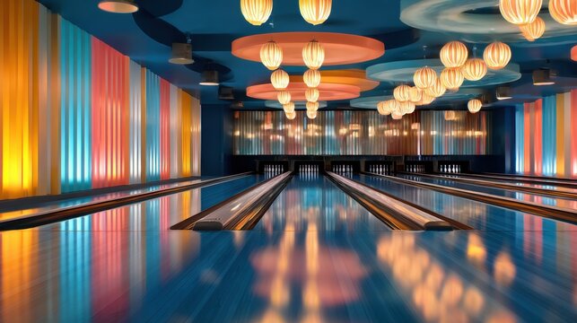 Retro bowling alley interior with illuminated lanes and colorful pendant lights for background, poster, event and entertainment design