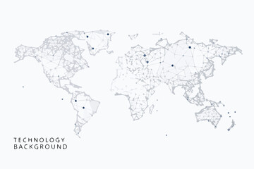 World map network illustration with connected nodes light gray on white © Sourav