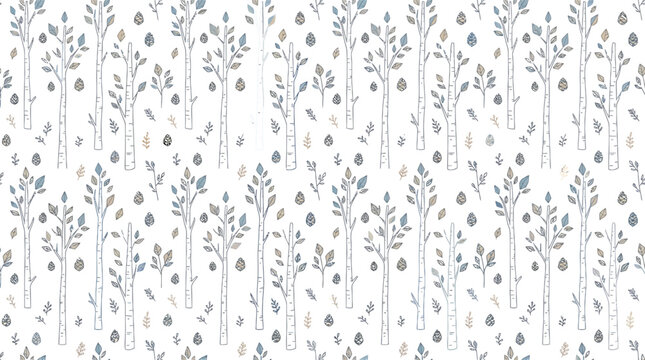 Seamless pattern with stylized birch trees and leaves in soft blue tones for textile and wallpaper design