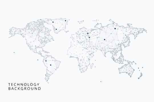 World map network illustration with connected nodes light gray on white