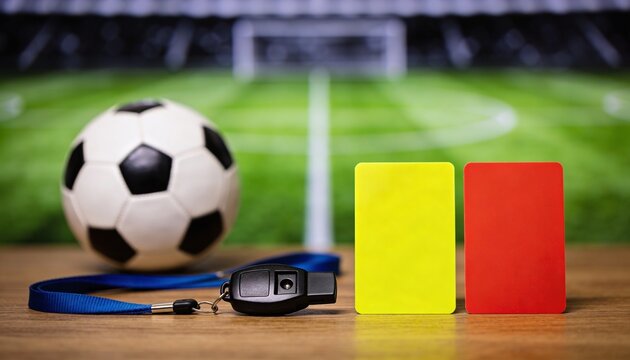 Soccer Referee's Tools: A soccer ball, whistle, and red and yellow cards are laid out on a wooden surface, with a blurred soccer field and stadium in the background.