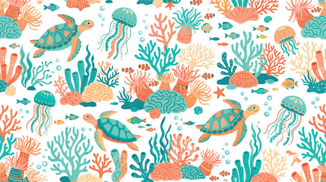 Underwater coral reef pattern with sea turtles and jellyfish in a hand drawn flat vector illustration style
