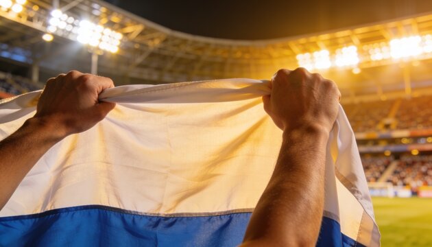 Victory unfurls: Hands grip a national flag, bathed in stadium light, signifying triumph and pride at a sporting event.
