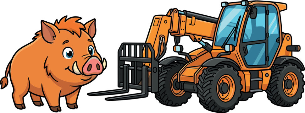Cute Cartoon Wild Boar Stand Next to Orange Telehandler Forklift Heavy Machinery Vector Illustration for Kids Education Books and Creative Graphic Designs