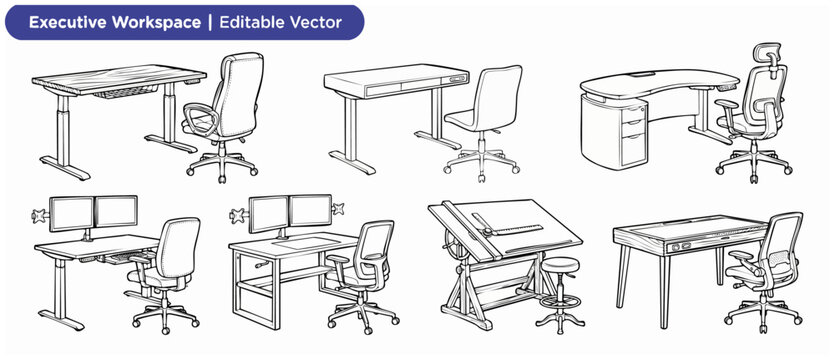 Office desk chair vector illustration set of executive computer desks, adjustable standing tables, drafting board, and ergonomic seats in minimalist line art icon style for workplace design concepts.
