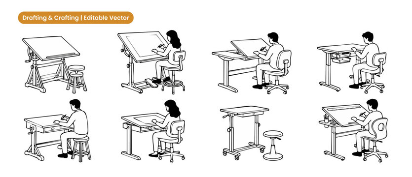 Drafting table vector desk drawing set of architects working at adjustable drawing boards, sketching blueprints in clean workspace, creative design project line art icon illustration collection packs.