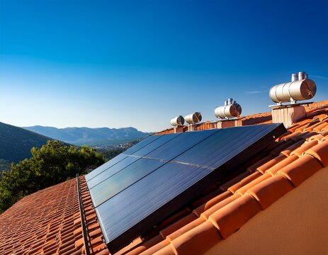 rooftop solar water heaters and panels under bright blue sky sustainable hot water system on terracotta roof with hillside view midday sun shadows eco friendly renewable energy installation