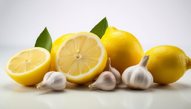 a vibrant still life of lemons and garlic on a clean surface